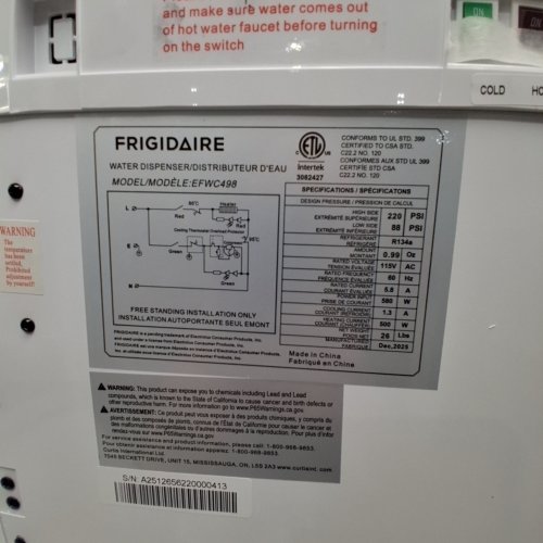 FRIGIDAIRE TOP-LOAD HOT & COLD WATER COOLER/DISPENSER - FITS 3-5 GALLON BOTTLES - WHITE (MODEL: EFWC498) image 5