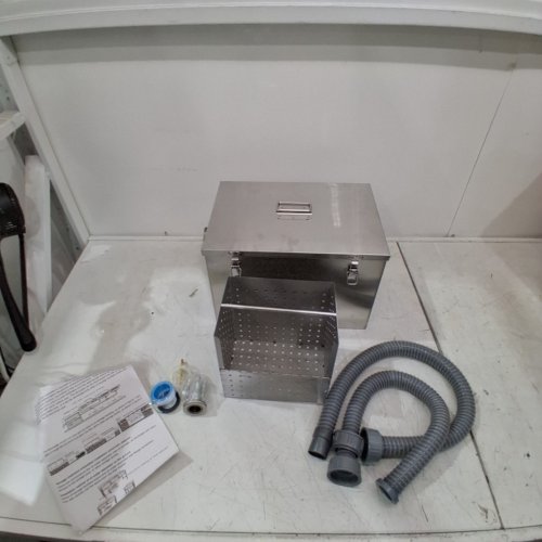PODOY STAINLESS STEEL COMMERCIAL GREASE TRAP ASSEMBLY WITH PERFORATED BASKET, HOUSING, HOSES AND FITTINGS - 8 LBS - SILVER (MODEL: 10C01301) image 2