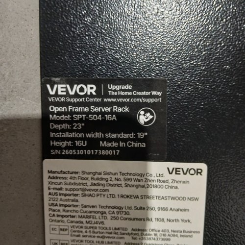 VEVOR 16U OPEN FRAME SERVER NETWORK RACK - 23" DEPTH, 19" WIDTH - BLACK (MODEL: SPT-504-16A) image 2