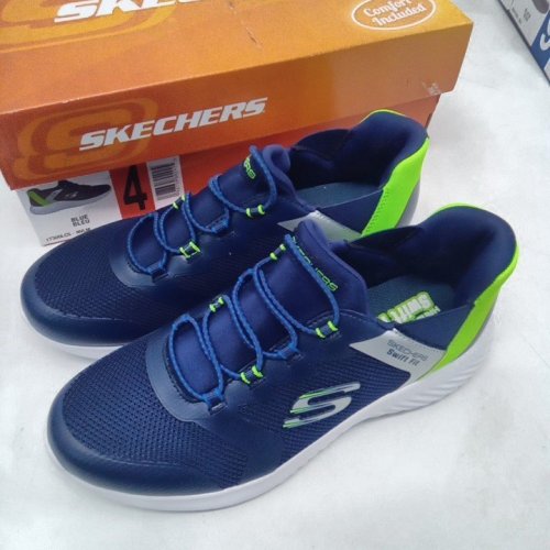 BOYS SKECHERS SWIFT FIT SNEAKERS - SIZE 4 - NAVY BLUE/GREEN (MODEL: 1873616) image 2