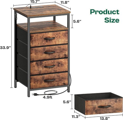 HUUGER 4-DRAWER NIGHTSTAND WITH CHARGING STATION - RUSTIC BROWN/BLACK (MODEL: 8055FC) image 2