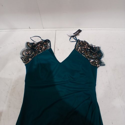 WOMENS XSCAPE V-NECK BEADED FLUTTER SLEEVE SHEER MATTE JERSEY LONG DRESS - SIZE 14 - EMERALD GREEN (STYLE: 4301XA) image 2