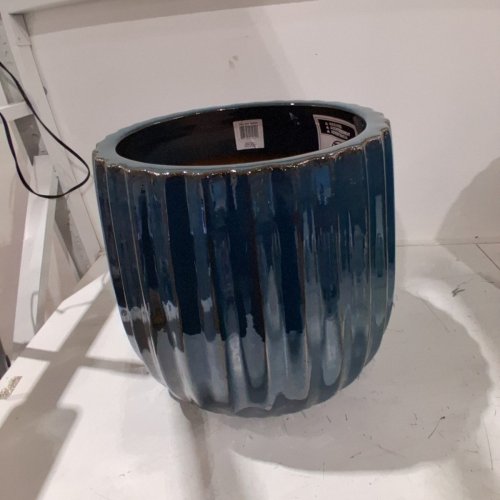 ROUND GLAZED CERAMIC PLANTER - 14" - BLUE image 2