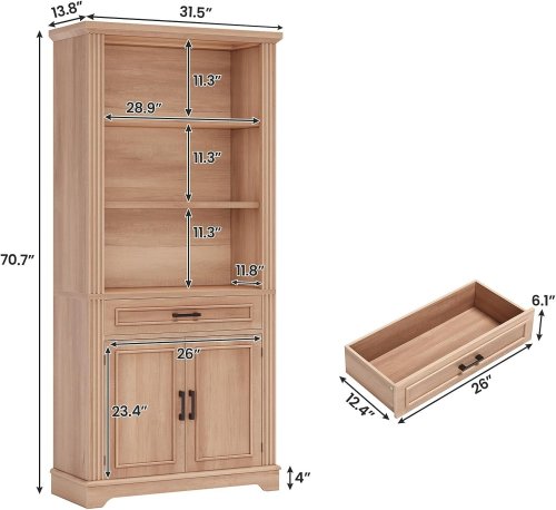 SEDETA FARMHOUSE WOODEN BOOKSHELF WITH DOORS & DRAWER - 71" X 31" X 14" - OAK - (MODEL: AJ-DJ503855) image 2