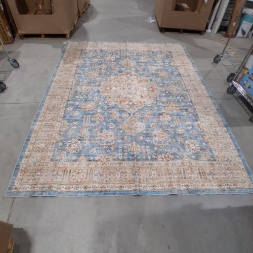 HIWEAVER WASHABLE NON-SLIP DISTRESSED FLORAL VINTAGE AREA RUG - 9FT X 12FT - BLUE/BEIGE image 2