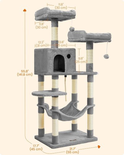 FEANDREA LARGE CAT TREE TOWER WITH CONDO, PERCHES, AND HAMMOCK - 56" X 22" X 18" - GREY - (MODEL: PCT15WV1) image 2