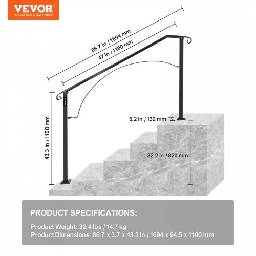 VEVOR IRON HANDRAIL - 4-5 STEP - BLACK (MODEL: H5712-S) image 2