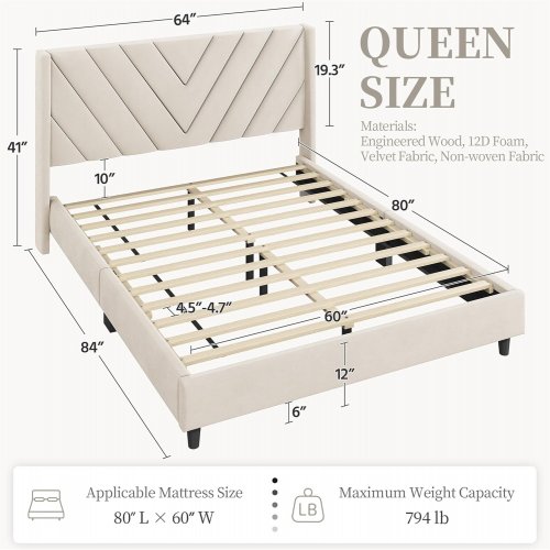 FULLFURNIQUE UPHOLSTERED WOODEN BED FRAME WITH HEADBOARD - QUEEN - BEIGE - (MODEL: FF-00000020) image 2