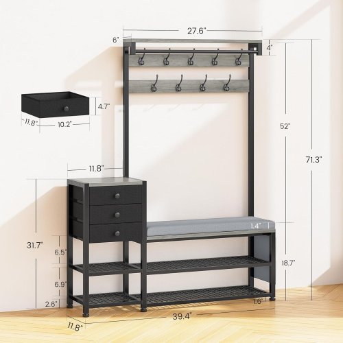 ITAAR HALL TREE COAT STORAGE RACK WITH BENCH AND DRAWERS - 39" X 12" X 71" - GREY/BLACK - (MODEL: AJ-DJ504164_2) image 2