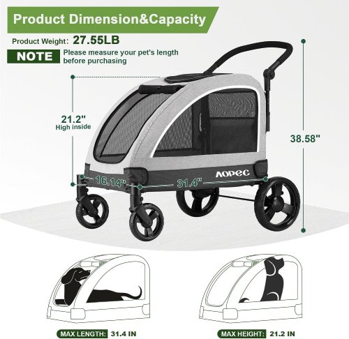 AOPEC LARGE DOG STROLLER DUAL ENTRY SAFETY FOLDING PET STROLLER WITH ADJUSTABLE HANDLE & ALL-TERRAIN 4-WHEEL - 160 LBS CAP / 39" X 27" - GREY (MODEL: PPS108) image 2