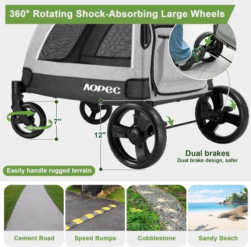 AOPEC LARGE DOG STROLLER DUAL ENTRY SAFETY FOLDING PET STROLLER WITH ADJUSTABLE HANDLE & ALL-TERRAIN 4-WHEEL - 160 LBS CAP / 39" X 27" - GREY (MODEL: PPS108) image 3