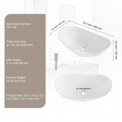 VEVOR OVAL VESSEL BATHROOM SINK - 23.3" X 14.2" X 6.2" - WHITE (MODEL: RS1196) image 2
