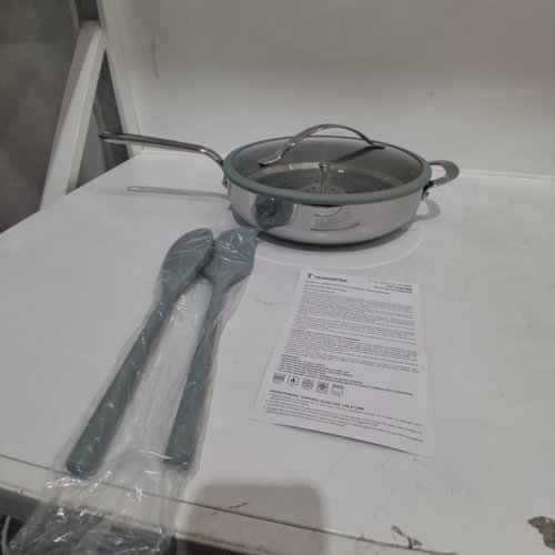 5PC TRAMONTINA ALL-IN-ONE COOKWARE SET WITH PAN, STEAMER INSERT, TEMPERED GLASS LID & 2 SILICONE UTENSILS - 5 QT - SEA MIST (ITEM: 2055852) image 4