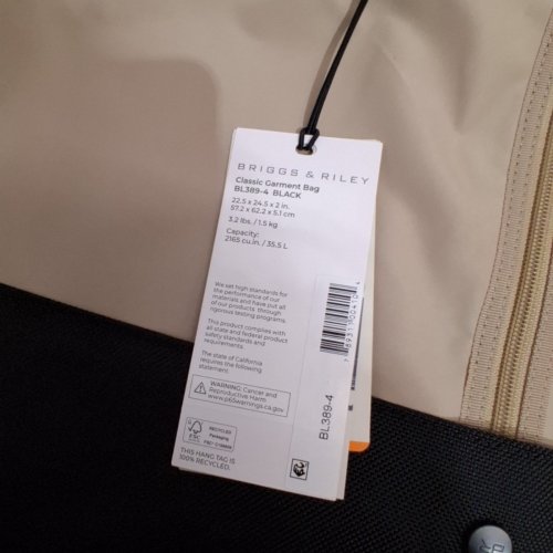 BRIGGS & RILEY CLASSIC GARMENT BAG 35.5L CAPACITY - 22.5" X 24.5" X 2" - TAN AND BLACK (MODEL: BL389-4) image 5