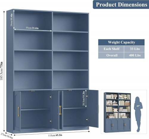 FACBOTALL DOUBLE WIDE WOODEN STORAGE BOOKSHELF WITH 8 SHELVES AND 4 DOORS - 73" X 45" X 11" - BLUE - (MODEL: FPB-570-VN) image 2