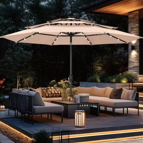 PHI VILLA 3-TIER PATIO MARKET UMBRELLA WITH SOLAR LED LIGHTS, AUTOTILT, AND CRANK - 10FT - BEIGE (MODEL: E02GM009L-M) image 2