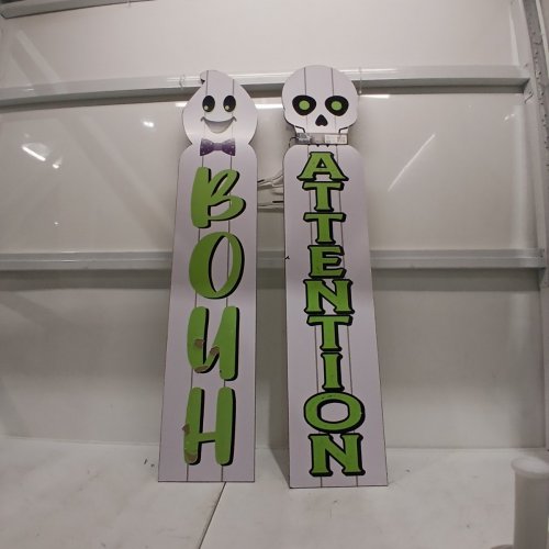 2PK REVERSIBLE FRENCH/ENGLISH DECORATIVE WOODEN HALLOWEEN PORCH SIGNS - 9.5" X 48" - WHITE GHOST AND SKELETON image 2