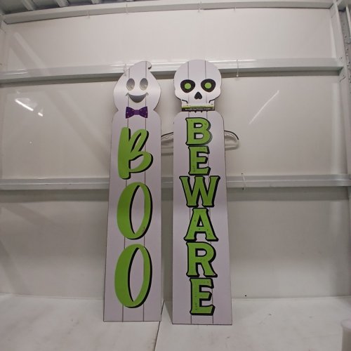 2PK REVERSIBLE FRENCH/ENGLISH DECORATIVE WOODEN HALLOWEEN PORCH SIGNS - 9.5" X 48" - WHITE GHOST AND SKELETON image 5