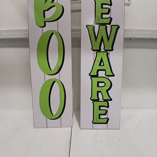2PK REVERSIBLE FRENCH/ENGLISH DECORATIVE WOODEN HALLOWEEN PORCH SIGNS - 9.5" X 48" - WHITE GHOST AND SKELETON image 7