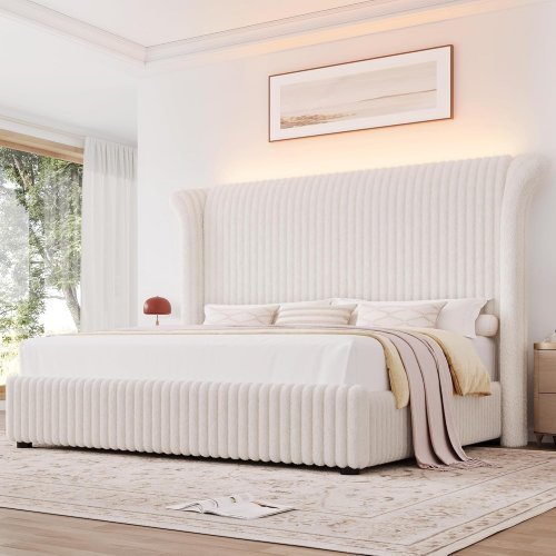 KEYLUV FAUX-FUR UPHOLSTERED BED FRAME WITH 54" CHANNELED WINGBACK HEADBOARD - QUEEN - BEIGE (MODEL: FEDDGCQW) image 2