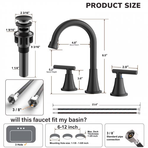 KINGTACK METAL MATTE FINISH 3-HOLE BATHROOM SINK FAUCET WITH POP-UP DRAIN AND SUPPLY LINES KIT- BLACK image 2