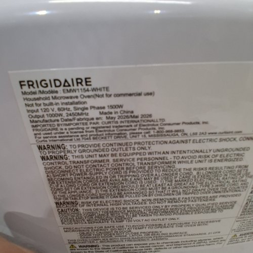 FRIGIDAIRE COUNTERTOP MICROWAVE OVEN - 1.1 CU. FT 900W- WHITE - (MODEL: EMW1154) image 9
