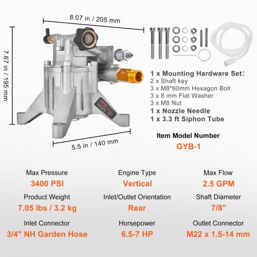 VEVOR HORIZONTAL PRESSURE WASHER PUMP - 3400PSI - 2.5GPM - FOR SELECTED HONDA / SIMPSON / RYOBI / BRIGGS & STRATTON / SUBARU / CRAFTSMAN MODEL - GREY (MODEL:GYB-1) image 2