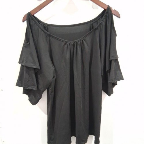 WOMEN'S OFF-SHOULDER BUTTERFLY SHORT SLEEVE TOP - LARGE - BLACK image 2