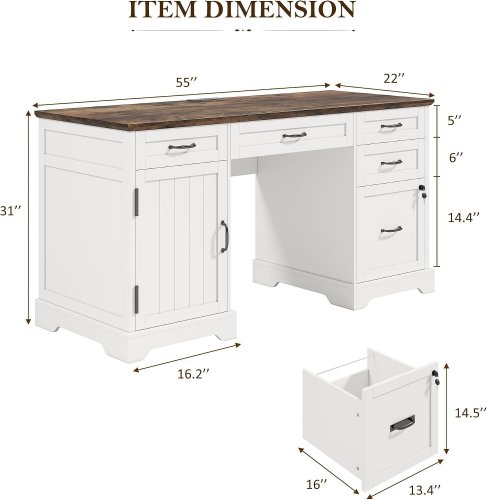 ALOHAPPY FARMHOUSE EXECUTIVE DESK WITH FILE CABINET - 55'' - WHITE/WALNUT (MODEL:JL20005120K) image 2