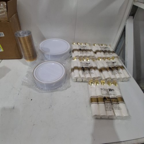 350PC PLASTIC DISHWARE AND CUTLERY SET- 50 DINNER PLATES , 50 DESSERT PLATES, 50 CUPS AND 50 ROLLED CUTLERY SETS FOR WEDDING OR EVENT- 10.25”/ 7.5”/ 9OZ - GOLD/ WHITE image 2