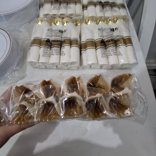 350PC PLASTIC DISHWARE AND CUTLERY SET- 50 DINNER PLATES , 50 DESSERT PLATES, 50 CUPS AND 50 ROLLED CUTLERY SETS FOR WEDDING OR EVENT- 10.25”/ 7.5”/ 9OZ - GOLD/ WHITE image 3