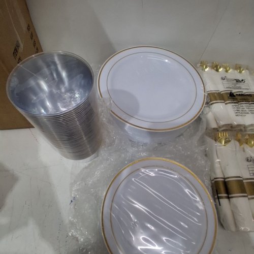 350PC PLASTIC DISHWARE AND CUTLERY SET- 50 DINNER PLATES , 50 DESSERT PLATES, 50 CUPS AND 50 ROLLED CUTLERY SETS FOR WEDDING OR EVENT- 10.25”/ 7.5”/ 9OZ - GOLD/ WHITE image 4