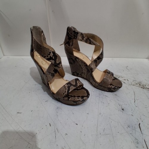 WOMEN'S JESSICA SIMPSON FUAX SNAKE PRINT WEDGE SANDLES - SIZE 9M/40 - BROWN / BLACK image 2