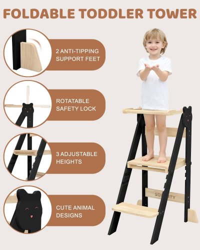 WOODEN FOLDABLE HEIGHT ADJUSTABLE TODDLER STANDING STOOL TOWER - BLACK image 2