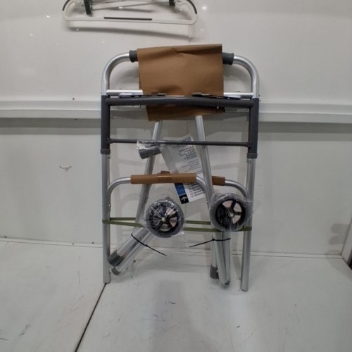 MEDLINE 2 BUTTON FOLDING PORTABLE WALKER WITH 5'' WHEELS & ADJUSTABLE HEIGHT - 300LBS CAPACITY - SILVER (MODEL: MDS86410W54H) image 2