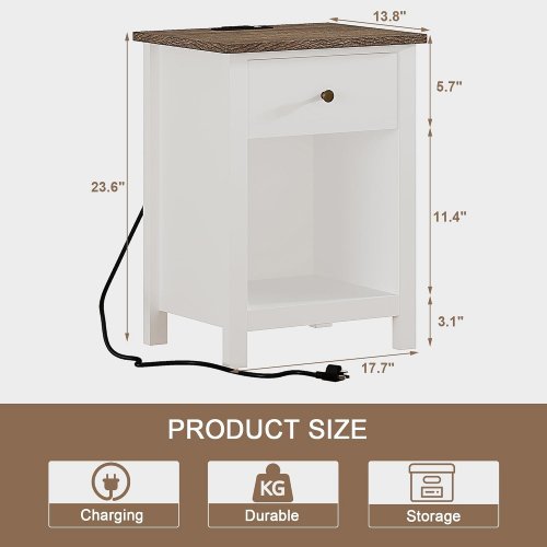 2PK CHOOCHOO FARMHOUSE NIGHTSTAND WITH CHARGING STATION - 17.7" X 13.8" X 23.6" - WHITE/BROWN (MODEL: ST19005-WH-E-S) image 2