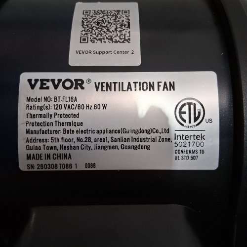 VEVOR VARIABLE SPEED INLINE DUCT VENTILATION FAN - 6" / 400CFM - BLACK (MODEL: BT-FL18A) image 3