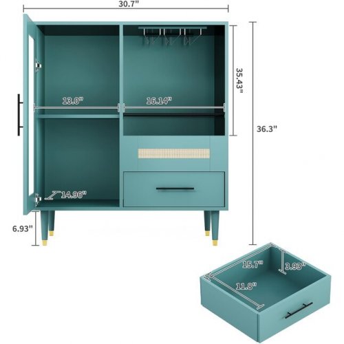 GARVEE WINE BAR RACK CABINET WITH LED LIGHT AND ADJUSTABLE SHELVES - 36" - GREEN BLUE image 2