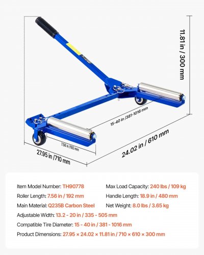 FOLDABLEADJUSTABLE TIRE WHEEL DOLLY - FITS 15-40" TIRES - 240LBS CAPACITY - BLUE (MODEL: TH90778) image 4