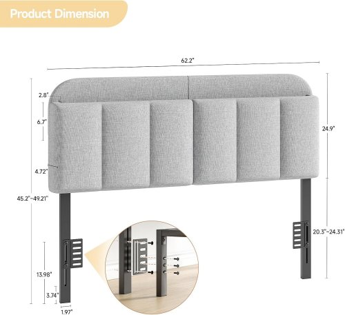 ONBRILL UPHOLSTERED STORAGE HEADBOARD WITH LED LIGHT - QUEEN (62" X 25") - LIGHT GREY - (MODEL: HB-101-GR-Q) image 2