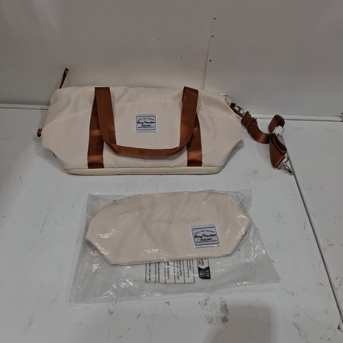 2PC LONG VACATION TRAVEL BAG AND CASE - APRICOT WHITE/BROWN image 2