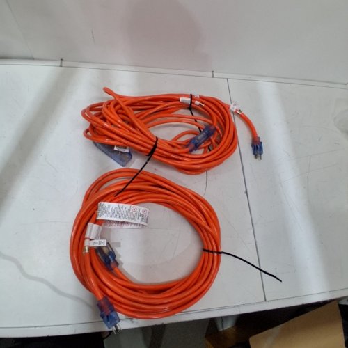 3PC PRIME WIRE OUTDOOR EXTENSION CORD COMBO WITH 2 EXTENSION CORDS AND 2FT TRIPLE TAP ADAPTER - 50FT - ORANGE (MODEL: 1734187) image 2