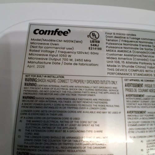 COMFEE COUNTERTOP MICROWAVE OVEN - 0.7 CU.FT/700W - WHITE (MODEL: CM-M201K(WH)) image 3