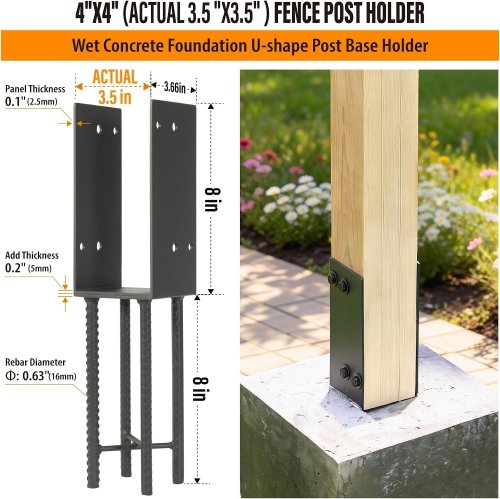 4PK HEAVY DUTY U-SHAPED FENCE POST HOLDER BRACKET - 4" X 4" - DARK GREY image 6