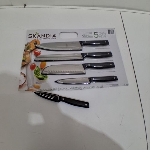 5PC SKANDIA BY HAMPTON FORGE GERMAN STEELE KNIFE SET WITH BLADE GUARDS/SHEATHES - CHEF, BREAD, SANTOKU, UTILITY, AND PARING - BLACK image 2