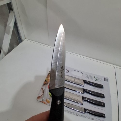 5PC SKANDIA BY HAMPTON FORGE GERMAN STEELE KNIFE SET WITH BLADE GUARDS/SHEATHES - CHEF, BREAD, SANTOKU, UTILITY, AND PARING - BLACK image 3