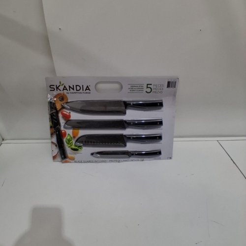 5PC SKANDIA BY HAMPTON FORGE GERMAN STEELE KNIFE SET WITH BLADE GUARDS/SHEATHES - CHEF, BREAD, SANTOKU, UTILITY, AND PARING - BLACK image 4