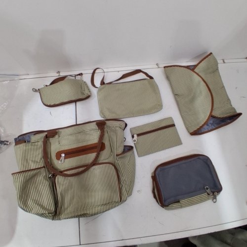 6PC LARGE CAPACITY TOTE DIAPER BAG SET WITH CHANGING PAD AND MULTIPLE COMPARTMENTS - GREEN AND BROWN STRIPE image 2