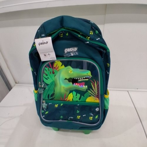 KIDS PASHU ROLLING BACKPACK WITH WHEELS - 18", LED LIGHT UP DINOSAUR SCHOOL BAG WITH TROLLEY - BLUE/GREEN image 3