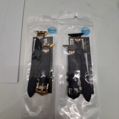 2 JR.DM GENUINE LEATHER SLIM WATCH BAND COMPATIBLE WITH APPLE WATCH SERIES 10 (38/40/41MM) - BEE CHARM BLACK AND GOLD. image 2